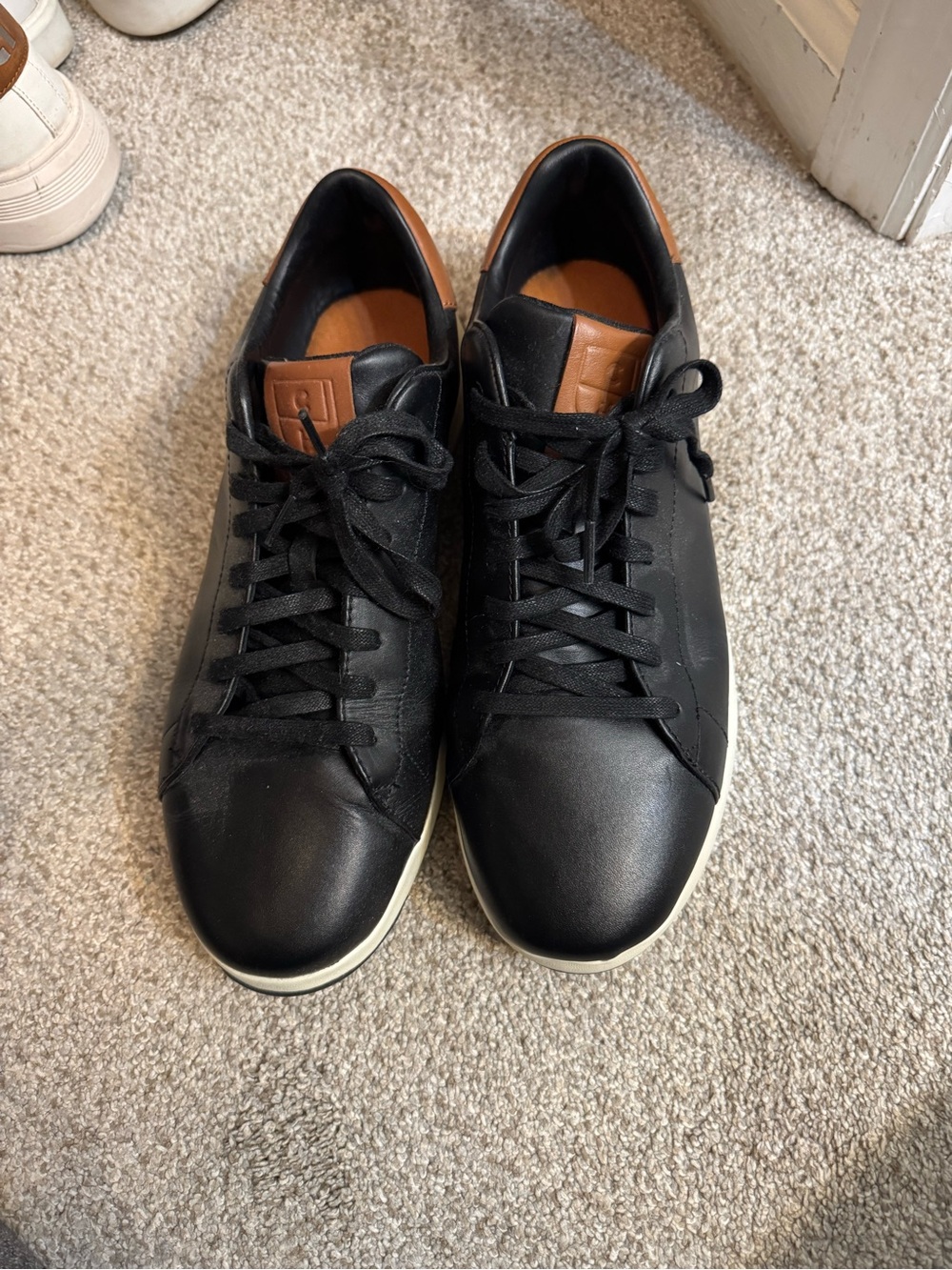Men's Black Leather Low-Top Sneakers with brown
 Accent
